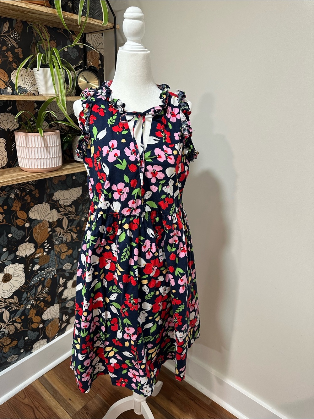 Maggy London Navy Floral Ruffle Tie-Front Midi Dress
